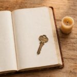 A house key resting on an open Bible beside a candle, representing a home dedicated to God through prayer.
