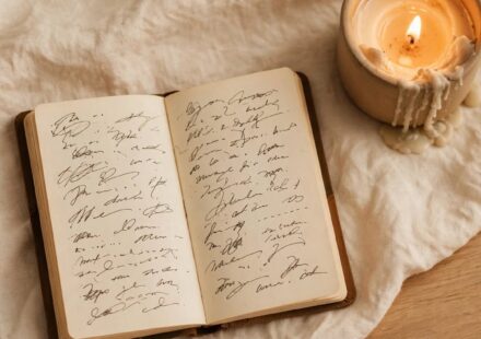 A journal open to a short evening reflection beside a candle on a nightstand, representing the practice of reviewing the day with God.