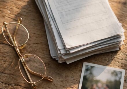 Reading glasses and paperwork beside a family photo, representing the practical and emotional weight of caring for an aging parent.