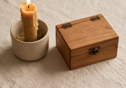 A candle beside a small closed box, representing words kept carefully rather than spent carelessly.