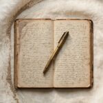 A worn notebook, dust brushed from its edge, lies open on cream linen with a pen resting across the page.