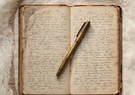 A worn notebook, dust brushed from its edge, lies open on cream linen with a pen resting across the page.
