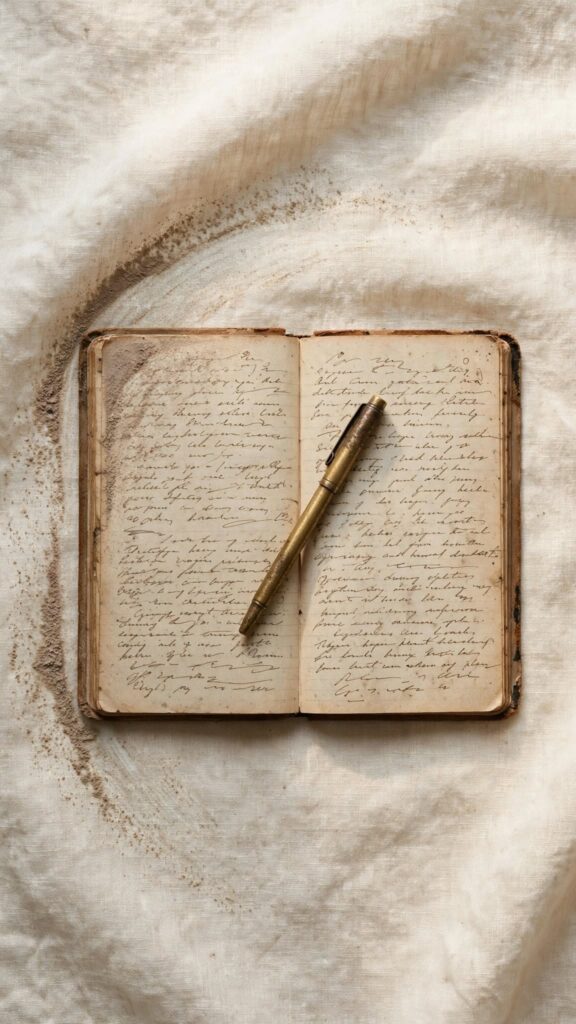A worn notebook, dust brushed from its edge, lies open on cream linen with a pen resting across the page.