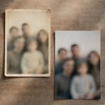 An old, faded family photo beside a recent one, representing being seen as an outdated version of yourself by the people who know you longest.