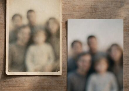 An old, faded family photo beside a recent one, representing being seen as an outdated version of yourself by the people who know you longest.