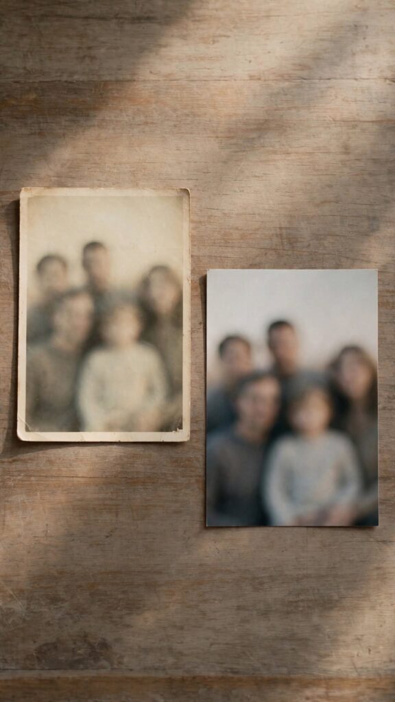 An old, faded family photo beside a recent one, representing being seen as an outdated version of yourself by the people who know you longest.