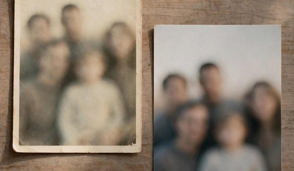 An old, faded family photo beside a recent one, representing being seen as an outdated version of yourself by the people who know you longest.