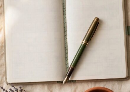 An open, blank planner lies on cream linen beside a terracotta mug of tea and a sprig of dried lavender in soft morning light.
