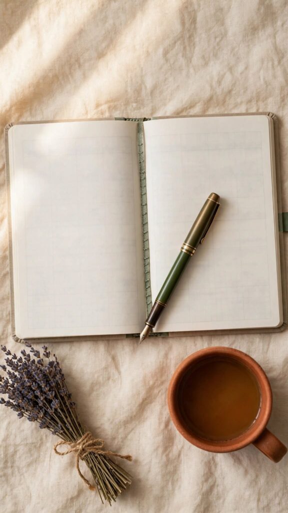 An open, blank planner lies on cream linen beside a terracotta mug of tea and a sprig of dried lavender in soft morning light.
