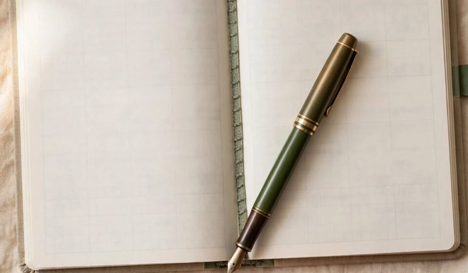 An open, blank planner lies on cream linen beside a terracotta mug of tea and a sprig of dried lavender in soft morning light.