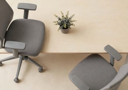 Two office chairs angled apart at a shared desk with a small plant between them, representing a difficult working relationship navigated with grace.