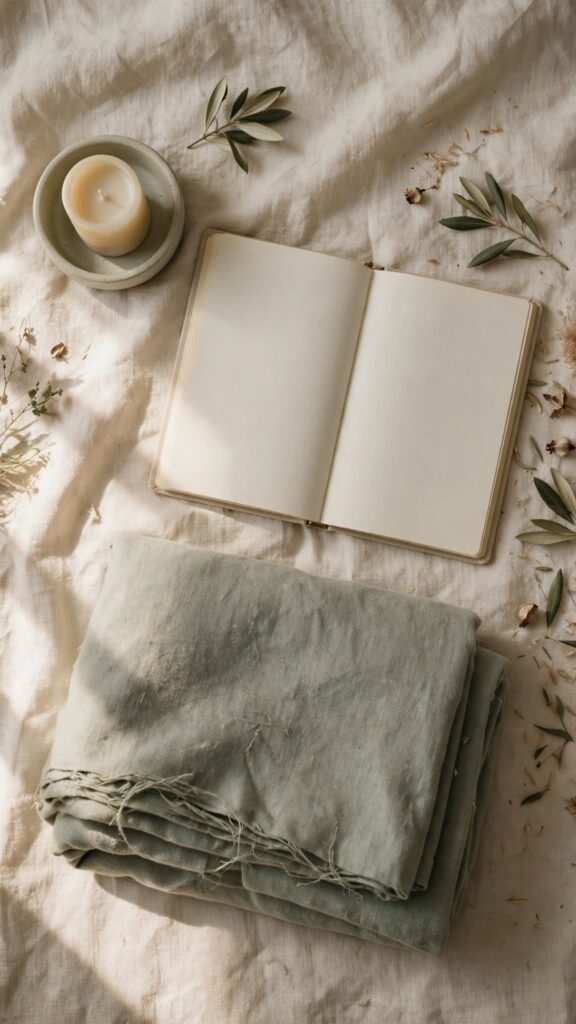 An open journal beside an unlit candle and a folded blanket, evoking a prayer left unfinished.