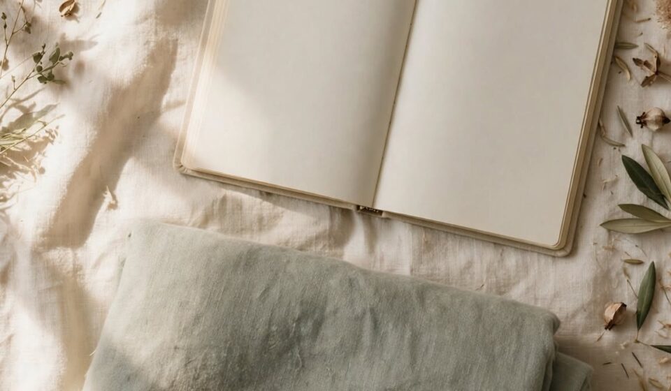 An open journal beside an unlit candle and a folded blanket, evoking a prayer left unfinished.