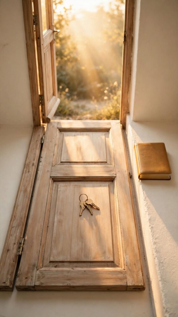 A set of keys resting near an open door with warm light beyond, representing ambition held open-handed rather than gripped tightly.