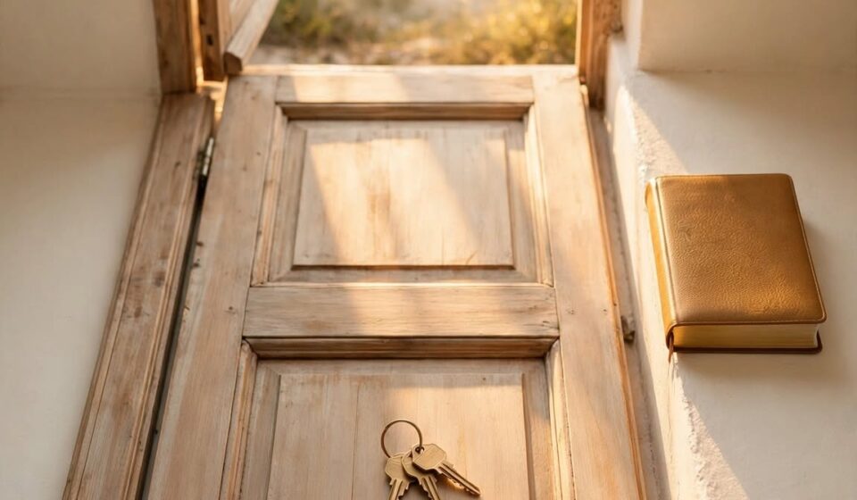 A set of keys resting near an open door with warm light beyond, representing ambition held open-handed rather than gripped tightly.