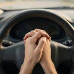 Clasped hands on a steering wheel with a hospital in soft focus beyond, representing a desperate, bargaining prayer offered in crisis.