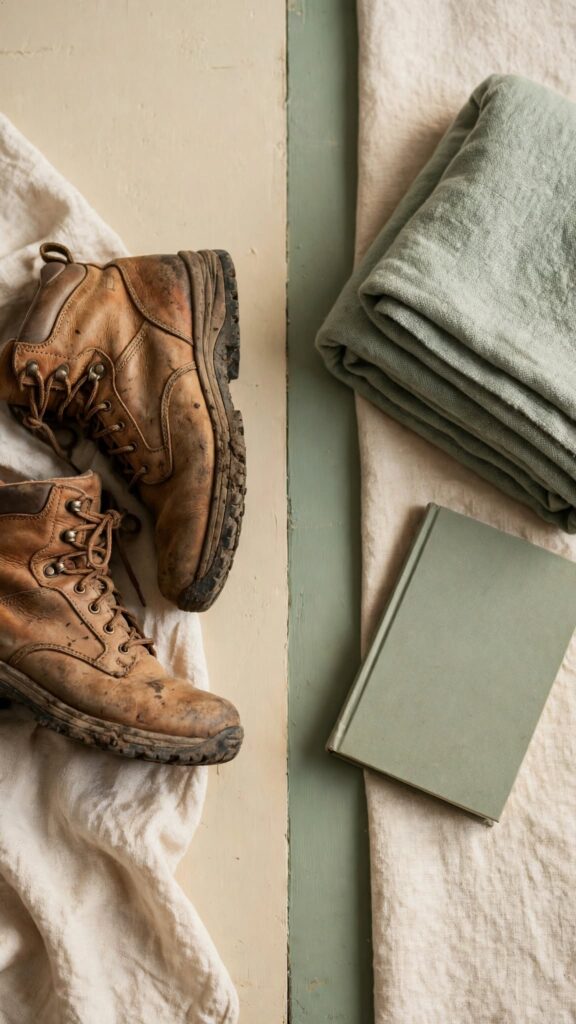 Hiking boots on one side of a table and a book with a blanket on the other, representing two different but equally valid ways to rest.