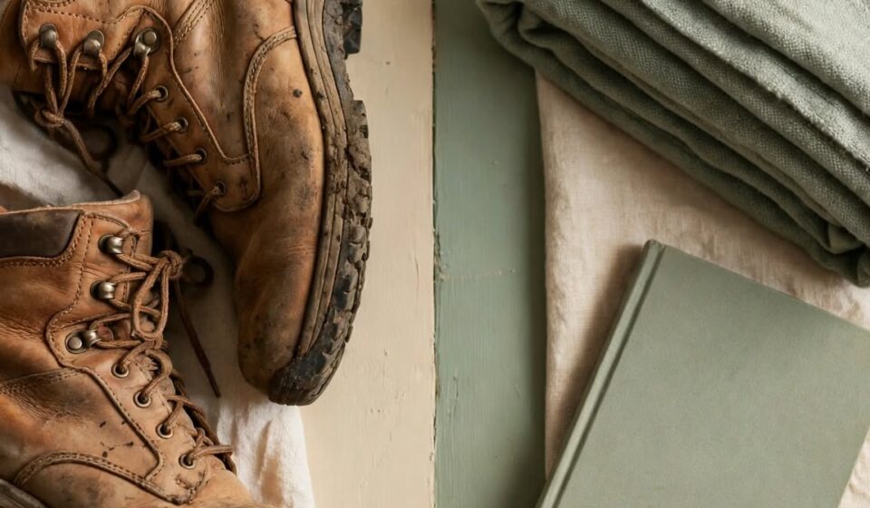 Hiking boots on one side of a table and a book with a blanket on the other, representing two different but equally valid ways to rest.