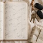 An open weekly planner, car keys, and a folded map rest on cream linen in soft morning light.