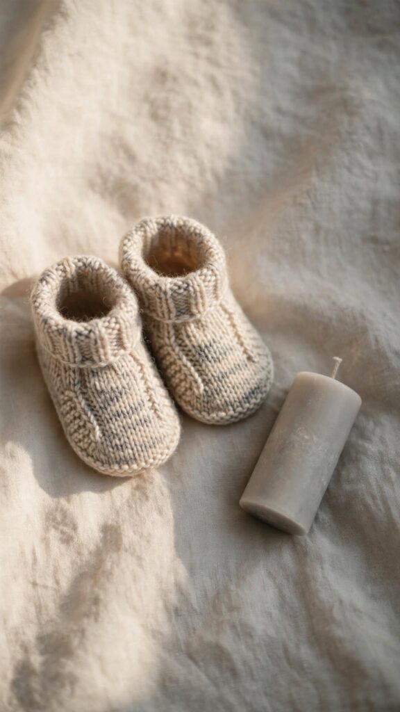 Small newborn shoes beside an unlit candle, representing joy and someone else's quiet grief held in the same frame.
