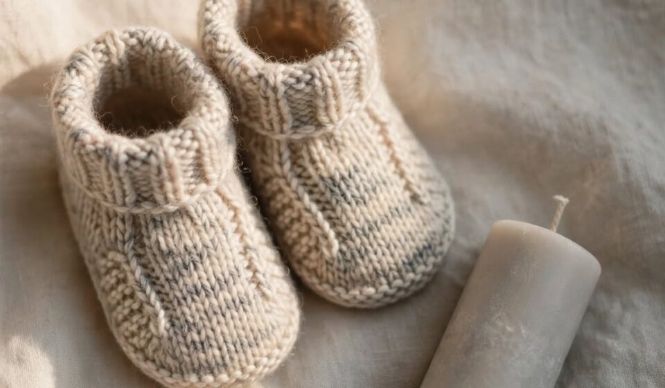 Small newborn shoes beside an unlit candle, representing joy and someone else's quiet grief held in the same frame.