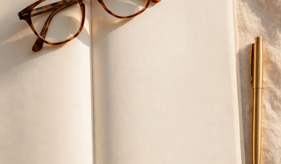 Reading glasses resting on a blank notebook page, representing a new, significant chapter still ahead rather than already finished.