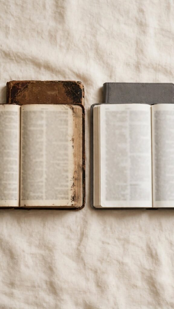 Two Bibles side by side, one older and one newer, representing a faith passed down that has taken on its own shape.