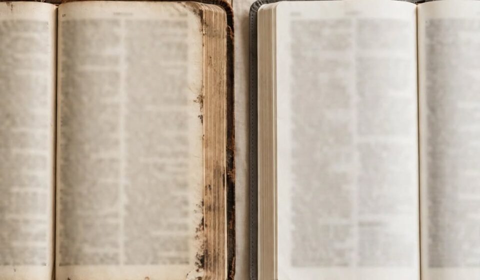 Two Bibles side by side, one older and one newer, representing a faith passed down that has taken on its own shape.