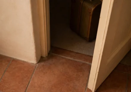 A house key beside a guest room door left ajar with a suitcase visible inside, representing a home that has quietly stopped feeling like one's own.