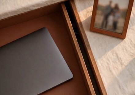 A closed laptop placed in a drawer beside a visible family photo, representing a genuine boundary between work and home life.