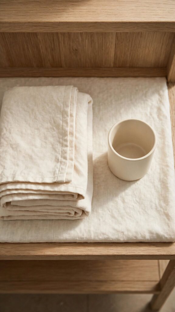 A folded guest towel and an empty cup sit on a shelf in soft natural light.