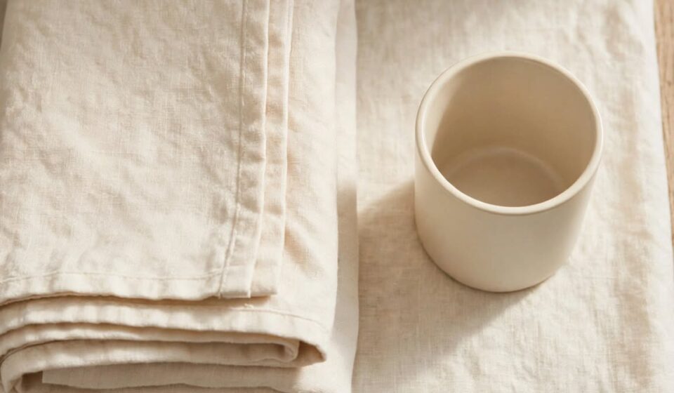 A folded guest towel and an empty cup sit on a shelf in soft natural light.