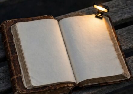 A well-worn Bible open on a pew under a reading light, representing years of nearness to faith without genuine inner change.