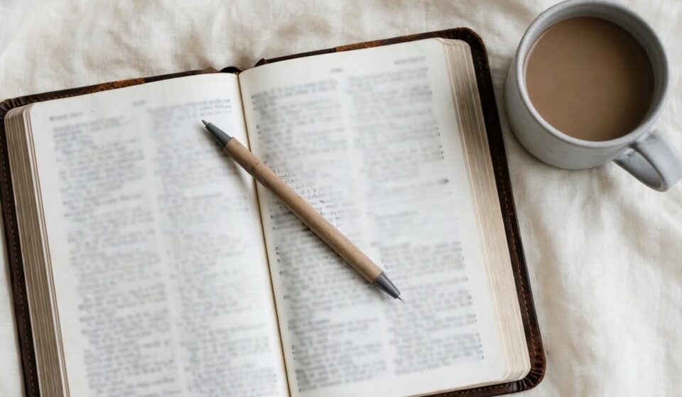 An open Bible and a lukewarm cup of coffee rest on cream linen in soft grey morning light.