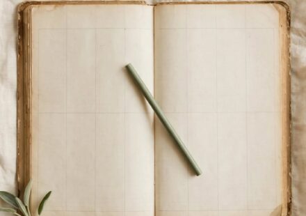 A plain, worn notebook lies open to a mostly blank weekly spread on cream linen in soft morning light.