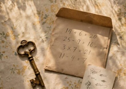 An old brass key and an envelope of pencil sums on a faded kitchen table, representing a family weighing whether to keep or sell a grandmother's house.