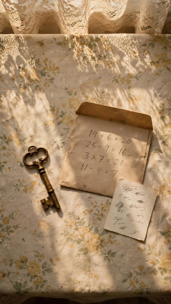 An old brass key and an envelope of pencil sums on a faded kitchen table, representing a family weighing whether to keep or sell a grandmother's house.