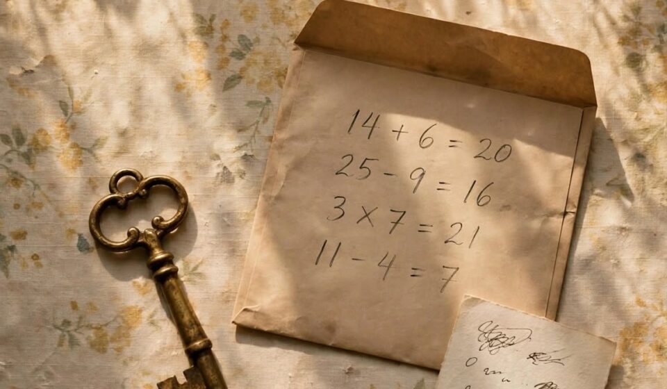An old brass key and an envelope of pencil sums on a faded kitchen table, representing a family weighing whether to keep or sell a grandmother's house.