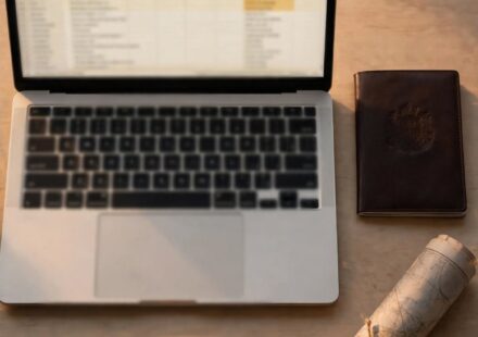 A laptop spreadsheet beside a passport and unopened map, representing a carefully made retirement plan facing an unexpected change of direction.