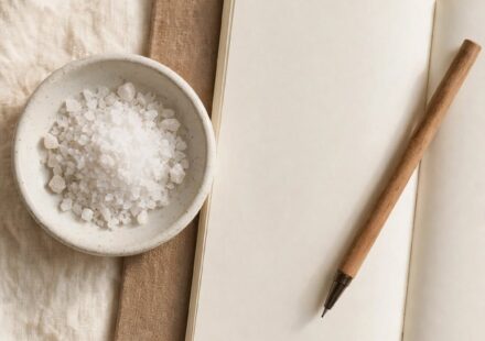 A small dish of coarse salt sits beside an open notebook and pen on cream linen in soft natural light.