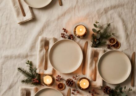 A holiday table with one extra place set apart sits on cream linen with rosemary and candlelight.