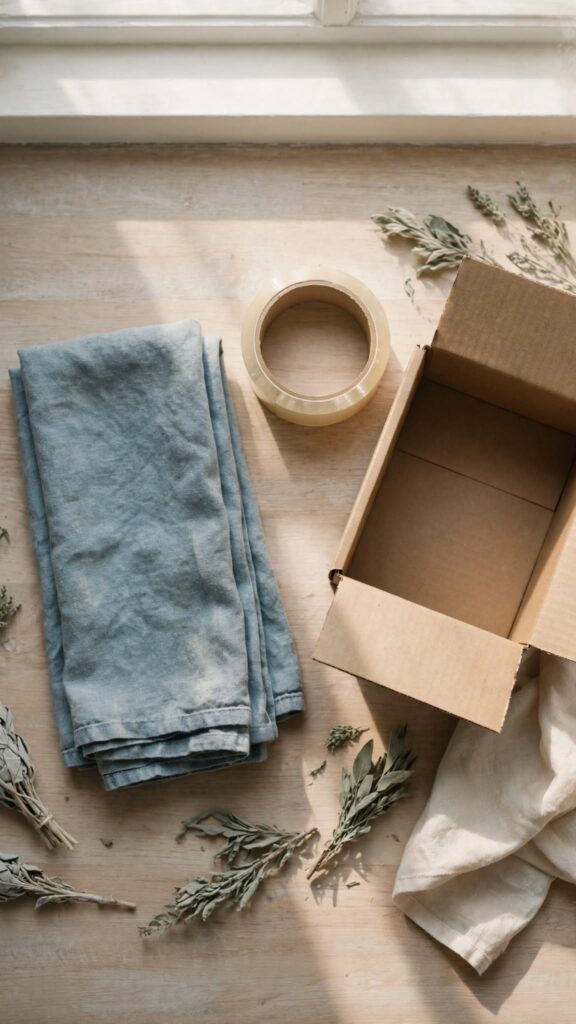 A folded blue tea towel, a roll of packing tape, and an open cardboard box sit on a wooden counter in soft morning light.