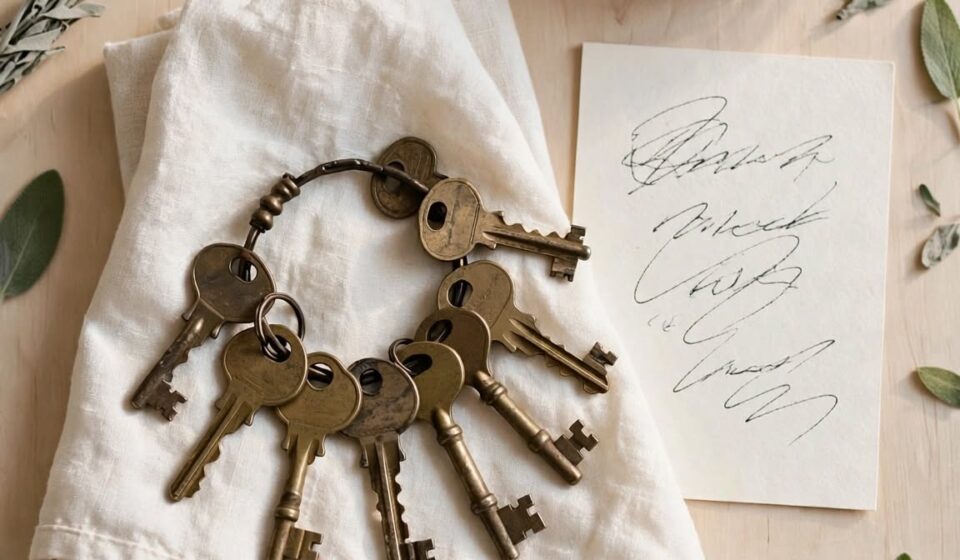A ring of old keys and a blank index card rest on cream linen beside a terracotta mug in soft morning light.