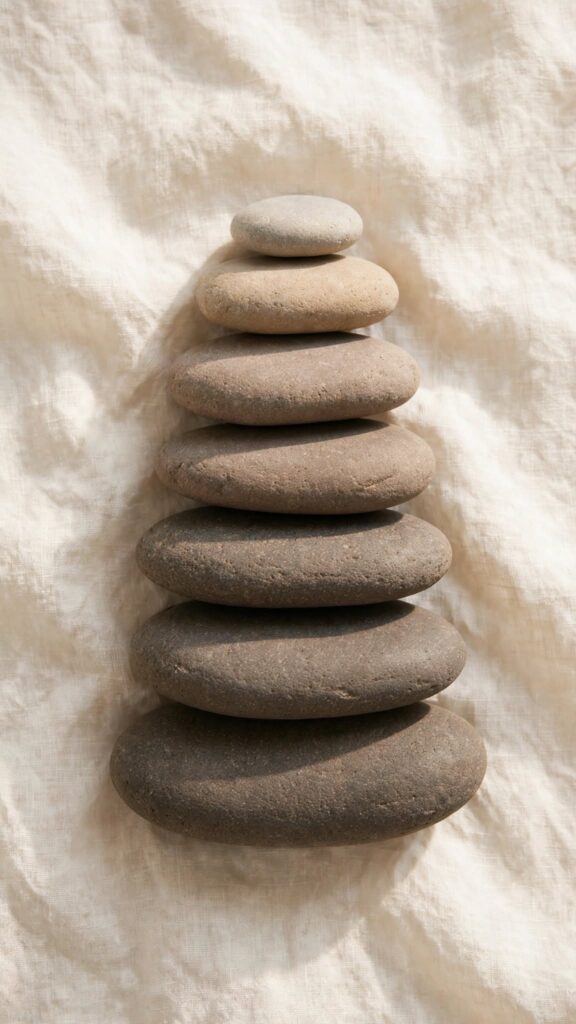 Seven smooth stones are stacked in ascending order on cream linen in soft natural light.