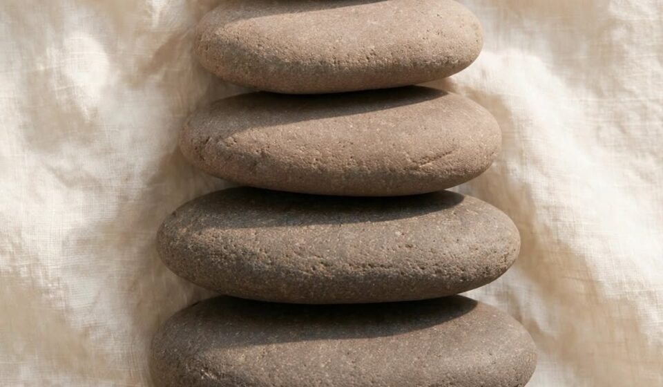 Seven smooth stones are stacked in ascending order on cream linen in soft natural light.