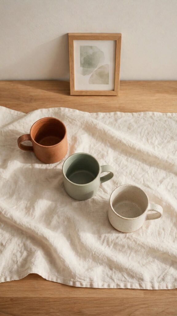 Three mismatched mugs sit on a wooden table beside a small framed picture leaning against the wall in soft morning light.