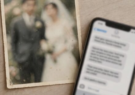 A faded photograph beside a phone with an unsent message, representing grief over a friendship that drifted apart without a fight.