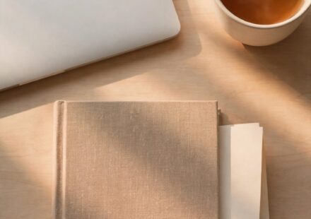 A folded sheet of paper tucked inside a closed book beside a closed laptop, representing worries written down and set aside for the weekend.