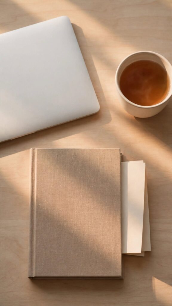 A folded sheet of paper tucked inside a closed book beside a closed laptop, representing worries written down and set aside for the weekend.