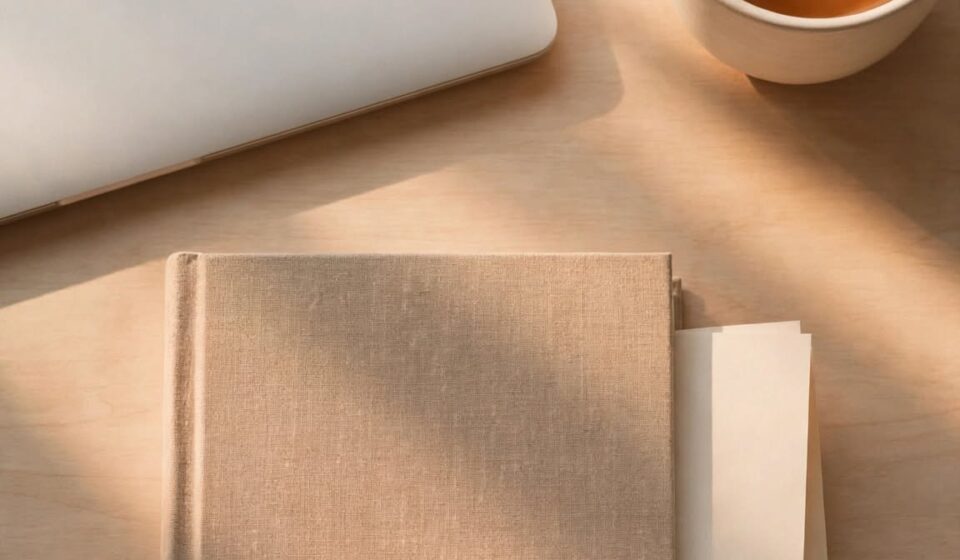A folded sheet of paper tucked inside a closed book beside a closed laptop, representing worries written down and set aside for the weekend.